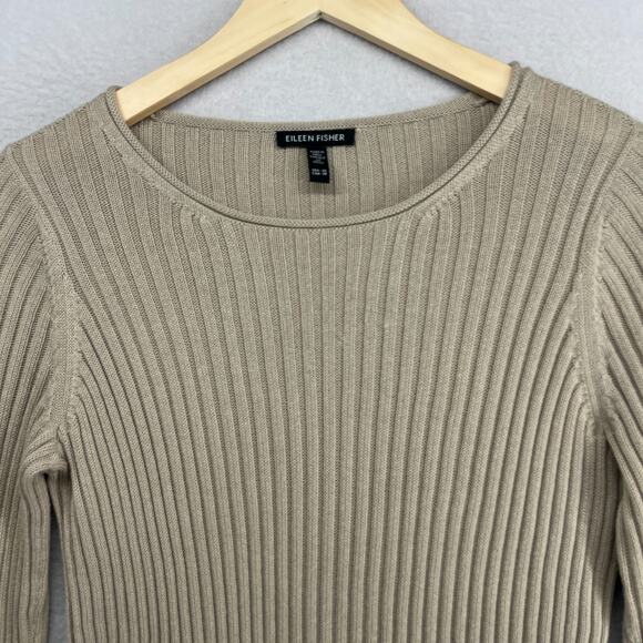 EILEEN FISHER Sweater XS Organic Cotton Tencel Ribbed Rolled Round Neck Beige - Picture 3 of 15